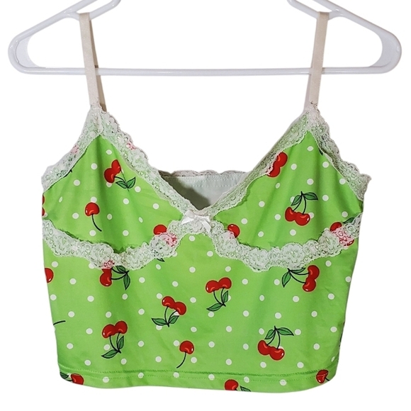 Source Unknown Tops - 2395 * Unbranded Cherry Print Cropped Cami Tank Green Red Size Unknown